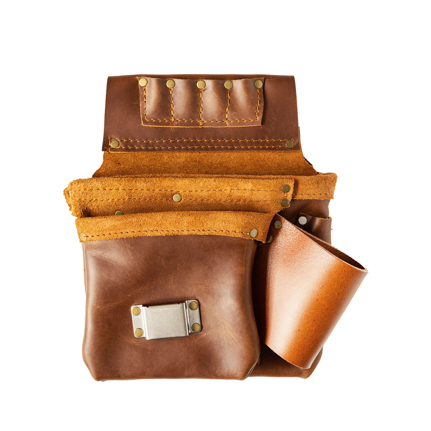 A collection of various Belt Bag 1 from The Durham Leatherworker, crafted by a skilled carpenter, neatly stacked on top of each other, isolated on a white background.