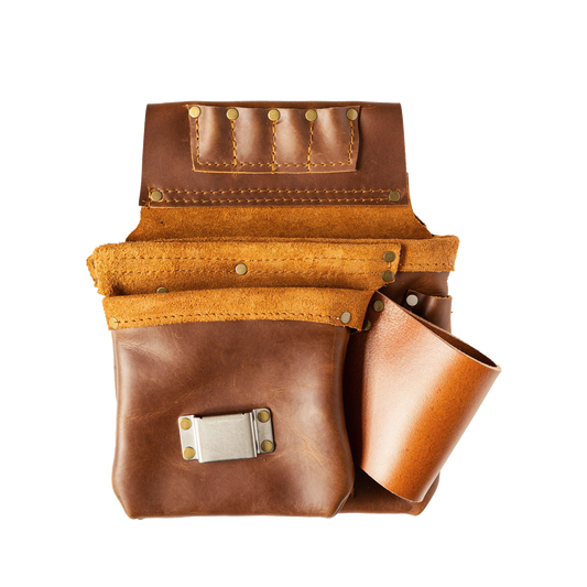 A collection of various Belt Bag 1 from The Durham Leatherworker, crafted by a skilled carpenter, neatly stacked on top of each other, isolated on a white background.