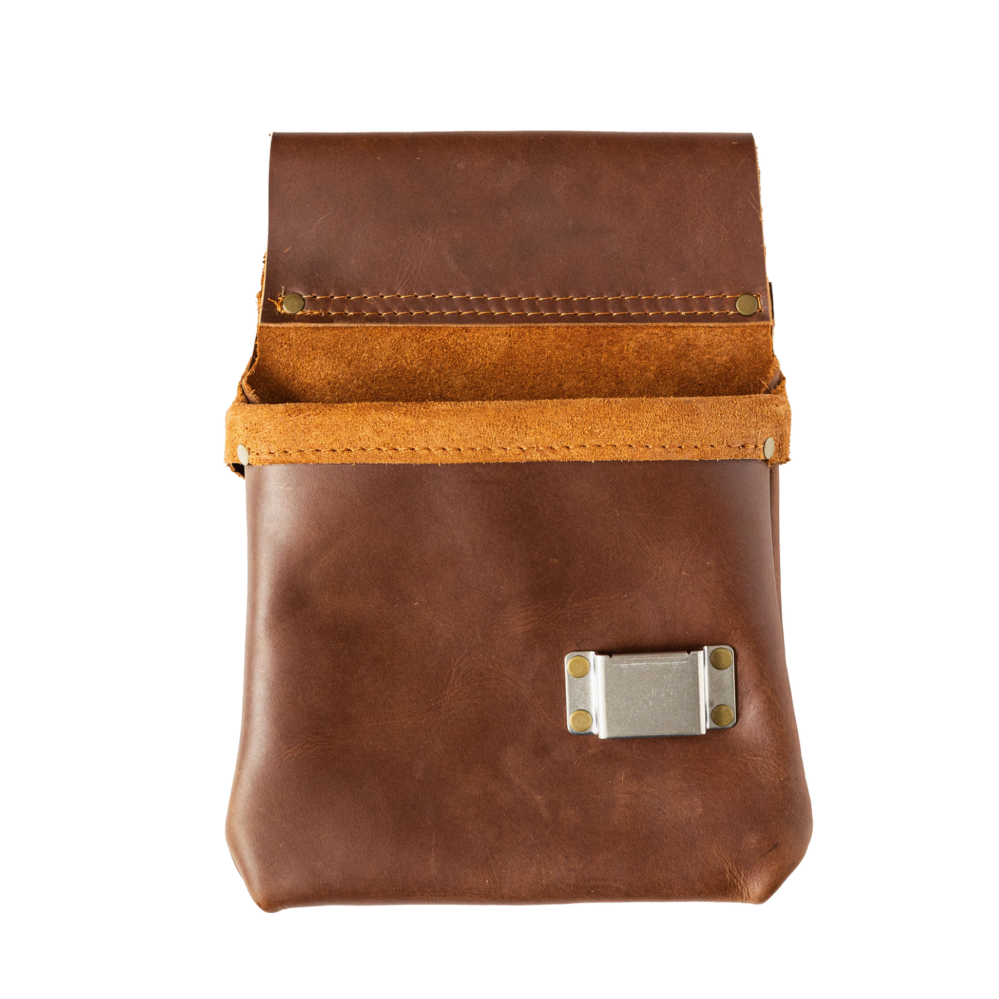 A brown leather Belt Bag 3 with a flap closure and a metallic buckle, designed for carpenters, isolated on a white background by The Durham Leatherworker.