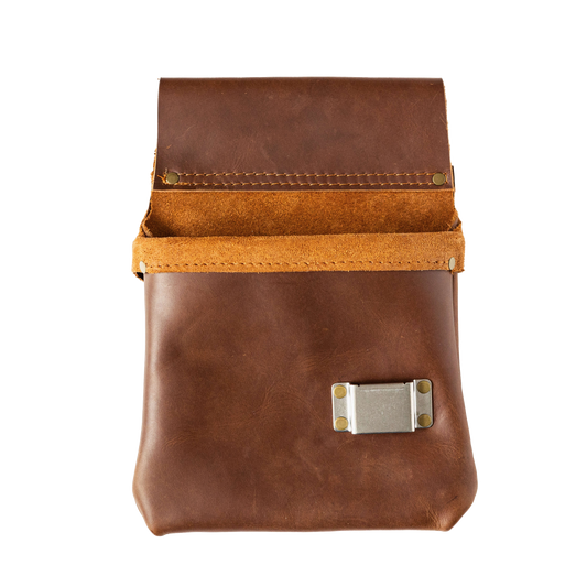 A brown leather Belt Bag 3 with a flap closure and a metallic buckle, designed for carpenters, isolated on a white background by The Durham Leatherworker.