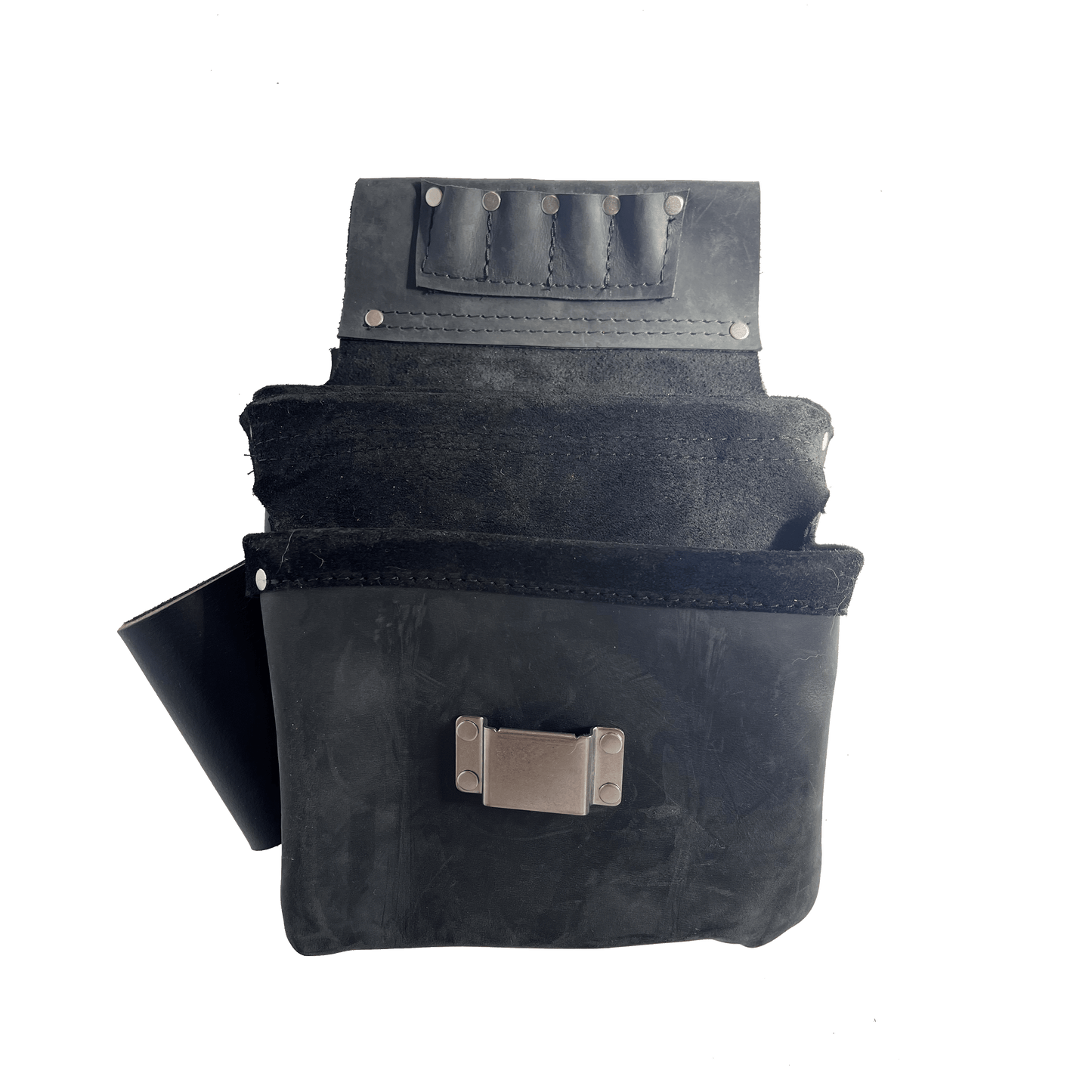 A set of Belt Bag 2 black leather crafting aprons with various pockets and metal fasteners, designed for woodwork tradesmen, displayed against a dark background by The Durham Leatherworker.