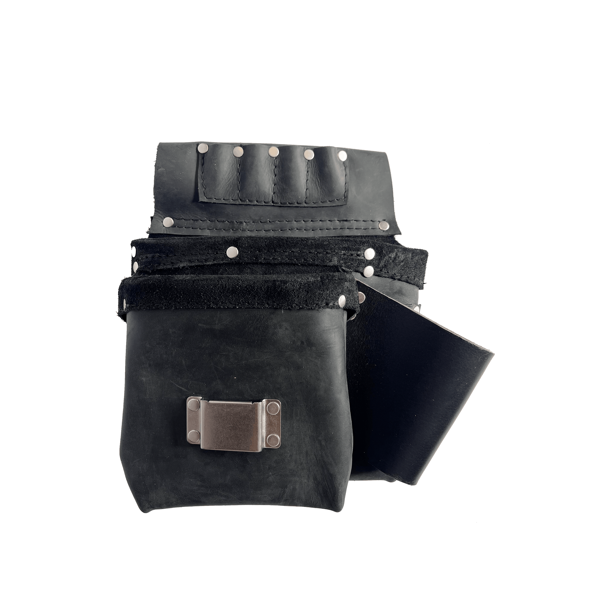 A set of three Belt Bag 1s from The Durham Leatherworker, made of black leather with silver studs and buckles, positioned overlapping each other against a dark background.